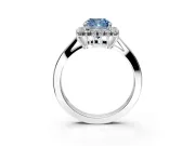 Starburst Halo Engagement Ring Setting for Fancy Blue Cushion Cut Center with Flat Cathedral Band and Prong Head in White Gold