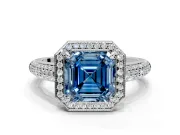 Milgrain Halo Engagement Ring Setting for Fancy Blue Asscher Cut Center with Three-Sided Pave Band and Prong Head in Platinum