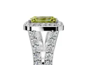 Halo Engagement Ring Setting for Fancy Yellow Emerald Cut Center with Narrow Pave Split Shank and Prong Head in Platinum