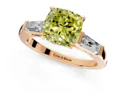 3 Stone Engagement Ring Setting for Fancy Yellow Cushion Cut Center with Tapered Baguettes, Plain Band and Prong Head in Rose Gold