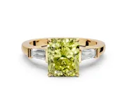 3 Stone Engagement Ring Setting for Fancy Yellow Radiant Cut Center with Channel Baguette Accents and Prong Head in Yellow Gold
