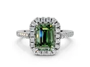 Halo Engagement Ring Setting for Fancy Green Emerald Cut Center with Raised Halo, Pave Band and Prong Head in Platinum
