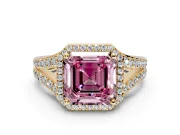 Halo Engagement Ring Setting for Fancy Pink Asscher Cut Center with Narrow Pave Split Shank and Prong Head in Yellow Gold
