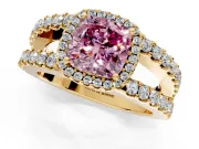 Halo Engagement Ring Setting for Fancy Pink Cushion Cut Center with Wide-Open Pave Split Shank and Prong Head in Yellow Gold