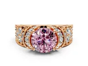 Pave Engagement Ring Setting for Fancy Pink Round Cut Center with Curved Accent Rows, Openwork and Prong Head in Rose Gold