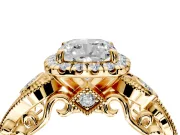 Milgrain Halo Engagement Ring Setting for Cushion Cut Center with Shoulder Bezels and Prong Head in Yellow Gold
