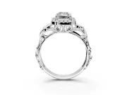 Halo Engagement Ring Setting for Emerald Cut Center with Open Scroll Shoulders and Prong Head in Sterling Silver
