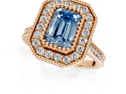 Halo Engagement Ring Setting for Fancy Blue Emerald Cut Center with Milgrain Frame, Pave Band and Prong Head in Rose Gold