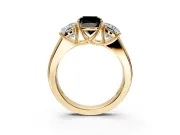 3 Stone Engagement Ring Setting for Fancy Black Cushion Cut Center with Raised Basket Heads and Prong Head in Yellow Gold