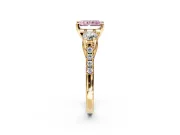 3 Stone Engagement Ring Setting for Fancy Pink Radiant Cut Center with Crossover Basket, Pave Band and Prong Head in Yellow Gold