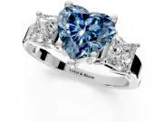 3 Stone Engagement Ring Setting for Fancy Blue Heart-Shaped Center with Matching Side Accents and Prong Head in Sterling Silver