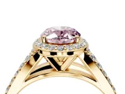Halo Engagement Ring Setting for Fancy Pink Oval Center with Narrow Pave Split Shank and Prong Head in Yellow Gold