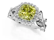Halo Engagement Ring Setting for Fancy Yellow Cushion Cut Center with Leaf Motif Split Shank and Prong Head in Platinum