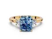 3 Stone Engagement Ring Setting for Fancy Blue Radiant Cut Center with Wide Plain Band and Prong Head in Yellow Gold