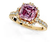 Floral Halo Engagement Ring Setting for Fancy Pink Asscher Cut Center with Pave Band and Prong Head in Yellow Gold