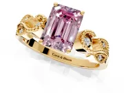 Leaf Engagement Ring Setting for Fancy Pink Emerald Cut Center with Milgrain Accent Band and Prong Head in Yellow Gold