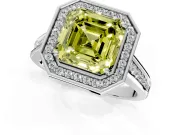 Halo Engagement Ring Setting for Fancy Yellow Asscher Cut Center with Outer Bezel Rim, Pave Band and Prong Head in Platinum