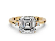 3 Stone Engagement Ring Setting for Asscher Cut Center with Low-Set Round Cut Accents and Prong Head in Yellow Gold