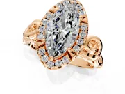 Halo Engagement Ring Setting for Marquise Center with Open Scroll Shoulders and Prong Head in Rose Gold