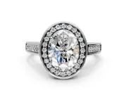 Halo Engagement Ring Setting for Oval Center with Outer Bezel Rim, Pave Band and Prong Head in Platinum
