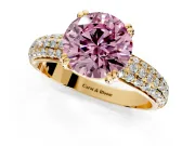Solitaire Engagement Ring Setting for Fancy Pink Round Cut Center with Multi-Row Pave Accents and Basket Head in Yellow Gold