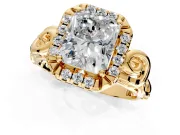 Halo Engagement Ring Setting for Radiant Cut Center with Open Scroll Shoulders and Prong Head in Yellow Gold