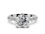 Solitaire Engagement Ring Setting for Heart-Shaped Center with Trailing Leaf Accent Band and Prong Head in White Gold
