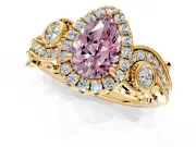 Milgrain Halo Engagement Ring Setting for Fancy Pink Pear-Shaped Center with Shoulder Bezels and Prong Head in Yellow Gold