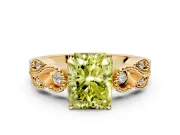 Leaf Engagement Ring Setting for Fancy Yellow Radiant Cut Center with Milgrain Accent Band and Prong Head in Yellow Gold