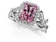 Halo Engagement Ring Setting for Fancy Pink Radiant Cut Center with Leaf Motif Split Shank and Prong Head in Platinum