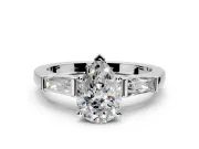 3 Stone Engagement Ring Setting for Pear-Shaped Center with Tapered Baguettes, Plain Band and Prong Head in Sterling Silver
