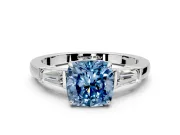 3 Stone Engagement Ring Setting for Fancy Blue Cushion Cut Center with Baguette Accents and Prong Head in White Gold