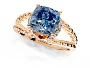 Halo Engagement Ring Setting for Fancy Blue Cushion Cut Center with Rope Twist Split Shank and Prong Head in Rose Gold