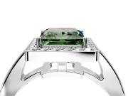 Bezel-Framed Halo Engagement Ring Setting for Fancy Green Princess Cut Center with Pave Band and Prong Head in Platinum