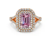Double Halo Engagement Ring Setting for Fancy Pink Emerald Cut Center with Narrow Pave Split Shank and Prong Head in Rose Gold