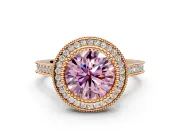 Halo Engagement Ring Setting for Fancy Pink Round Cut Center with Milgrain Frame, Pave Band and Prong Head in Rose Gold