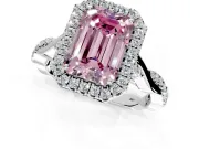 Halo Engagement Ring Setting for Fancy Pink Emerald Cut Center with Twist Band and Prong Head in Sterling Silver