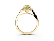 Halo Engagement Ring Setting for Fancy Yellow Oval Center with Narrowing Pave Band and Prong Head in Yellow Gold