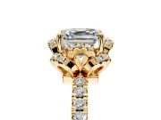 Floral Halo Engagement Ring Setting for Asscher Cut Center with Pave Band and Prong Head in Yellow Gold