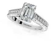 Solitaire Engagement Ring Setting for Emerald Cut Center with Engraved Pave Band and Prong Head in Platinum