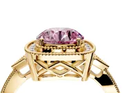 Halo Engagement Ring Setting for Fancy Pink Round Cut Center with Milgrain Rim, Pave Band and Prong Head in Yellow Gold