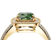 Milgrain Halo Engagement Ring Setting for Fancy Green Cushion Cut Center with Three-Sided Pave Band and Prong Head in Yellow Gold