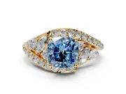 Halo Engagement Ring Setting for Fancy Blue Cushion Cut Center with Marquise and Pave Bypass Band and Prong Head in Yellow Gold
