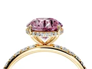 Hidden Halo Engagement Ring Setting for Fancy Pink Round Cut Center with Pave Band and Prong Head in Yellow Gold