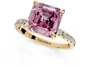Solitaire Engagement Ring Setting for Fancy Pink Asscher Cut Center with Fine Pave Narrow Band and Prong Head in Yellow Gold