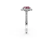 Halo Engagement Ring Setting for Fancy Pink Round Cut Center with Narrowing Pave Band and Prong Head in White Gold