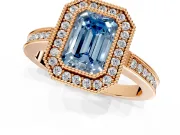 Halo Engagement Ring Setting for Fancy Blue Emerald Cut Center with Milgrain Halo, Pave Band and Prong Head in Rose Gold