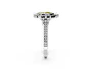 Halo Engagement Ring Setting for Fancy Yellow Pear-Shaped Center with Milgrain Frame, Pave Band and Prong Head in Platinum