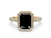 Halo Engagement Ring Setting for Fancy Black Radiant Cut Center with Pave Accents, Heart Basket and Prong Head in Yellow Gold