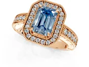 Milgrain Halo Engagement Ring Setting for Fancy Blue Emerald Cut Center with Pave Band and Prong Head in Rose Gold